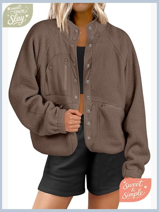 Jackets & Blazers - Womens Fuzzy Fleece Cropped Shacket with Pockets Long Sleeve Button Down Sherpa